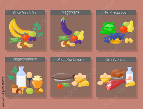 Food diet types vector illustration healthy nutrition concept fruits and vegetables kitchen menu cooking ingredient organic lifestyle.