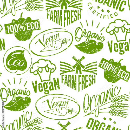 Premium quality eco vegan stamp logo product mark retro grunge badges vector seamless pattern background .