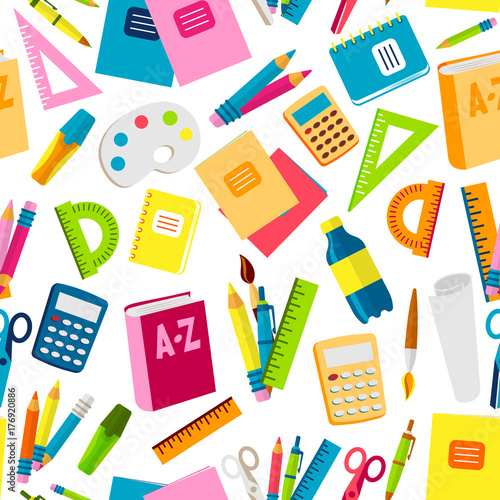 School or office supplies educational accessories vector illustration seamless pattern background