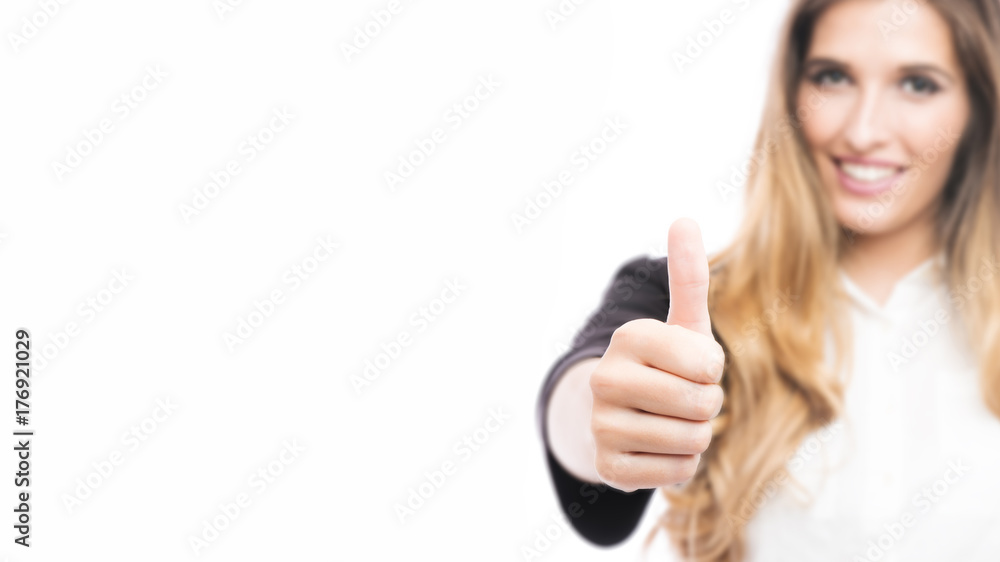 Happy smiling businesswoman with thumbs up gesture, isolated on white background Happy smiling businesswoman with thumbs up gesture, isolated on white background