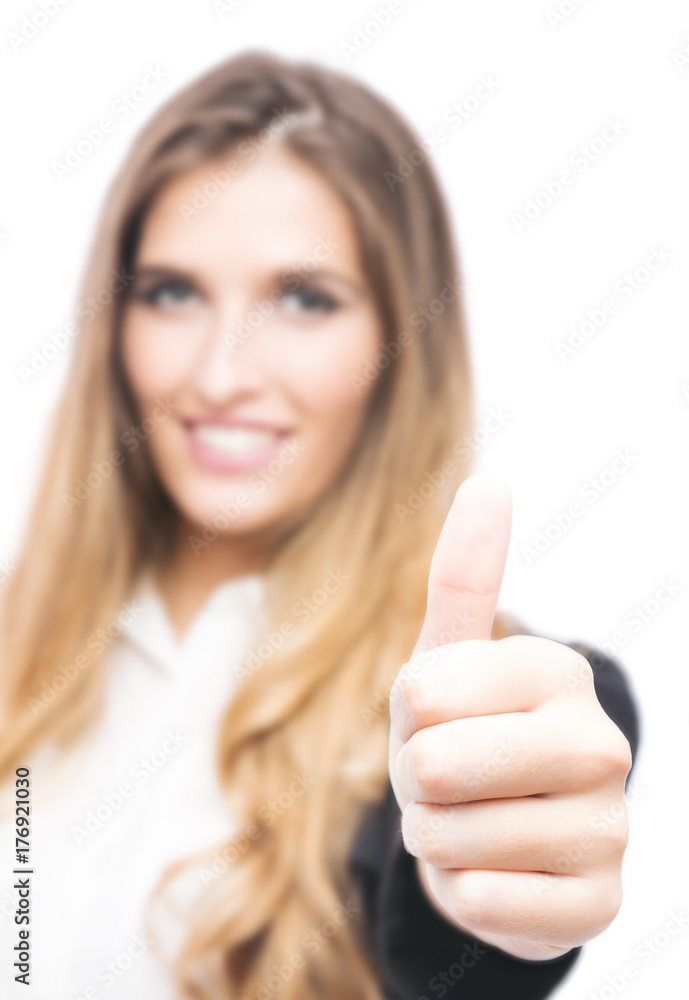 Happy smiling businesswoman with thumbs up gesture, isolated on white background Happy smiling businesswoman with thumbs up gesture, isolated on white background