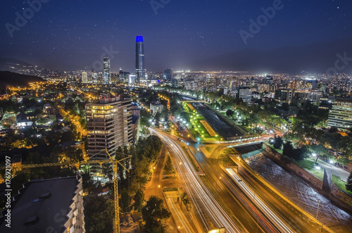Night view of Santiago de Chile toward the east part of the city  showing the Mapocho river and Providencia and Las Condes districts