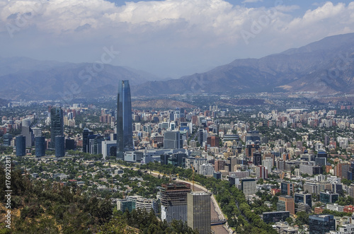 Aerial view of a city and The Andes mountain in the background, Santiago, Chile
