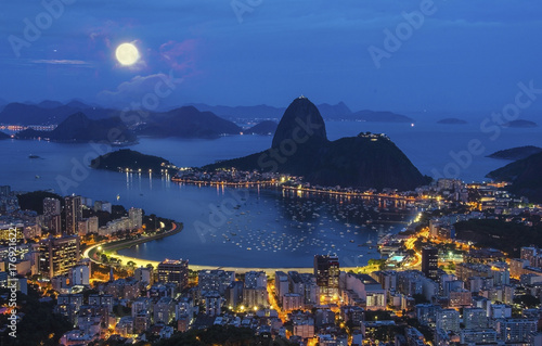 Night view of mountain Sugar Loaf and Botafogo in Rio de Janeiro