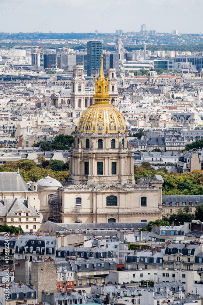Arial view of the golden dome of Les Invalides in Paris