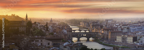 Panorama of Florence and river Arno after sunset, Tuscany, Italy, Europe
