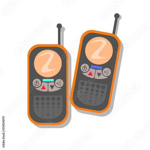 walkie talkies and walkie-talkies for tourism. Two portable radio of orange color. Vector drawing in the style of a flat