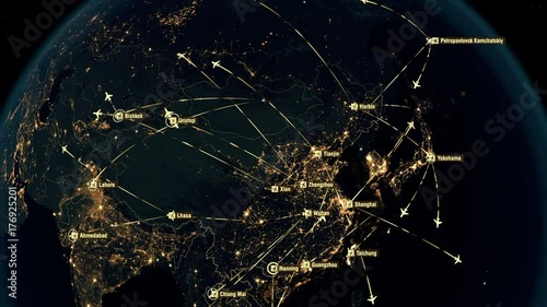 Global Communications - Destinations all over the World. North Hemisphere. Airport International Connectivity. World Airplane Flight Travel Plans Connections.