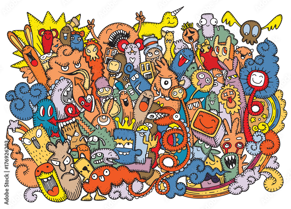 Vector illustration of Doodle ugly Monster background ,Hand drawing
