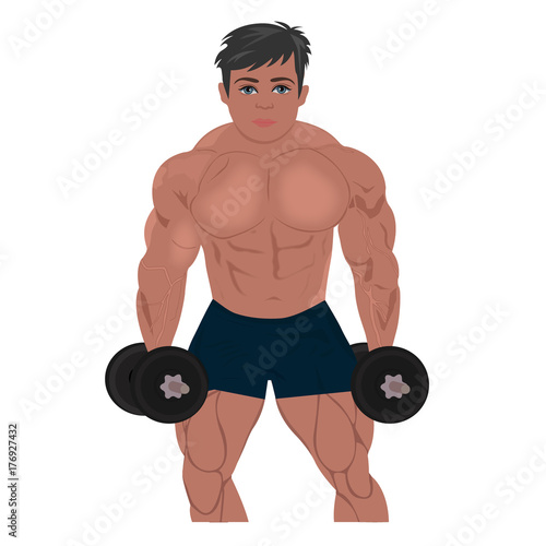 bodybuilder with dumbbells, fitness, sport, vector illustration 