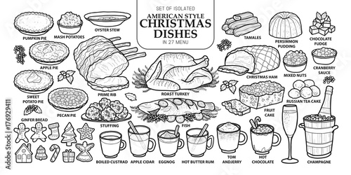 Set of isolated traditional Christmas dishes in 27 menu. Cute hand drawn food vector illustration in dark gray outline and white plane.