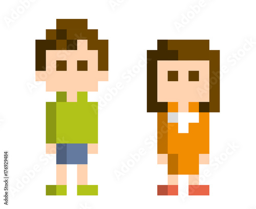 ピクセルイラスト：男の子と女の子、子供