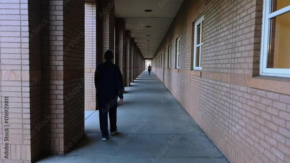 A woman walking down a long exterior corridor on a college campus A woman walking down a long exterior corridor on a college campus