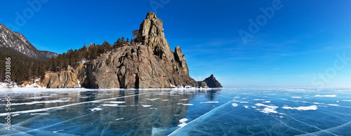 Baikal Lake. Panoramic view from ice on the Belltower Rocks photo