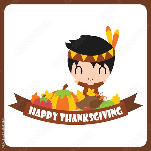 Cute Indian boy, pumpkin, roaed turkey, and apple vector cartoon illustration for thanksgiving's day card design, wallpaper and greeting card 