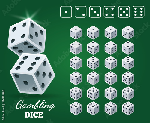 Gambling dice set on green background. White cubes with black pips on Casino game back, vector illustration