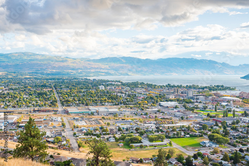 View of city of Kelowna and Okanagan Lake from Knox Mountain viewpoint autumn