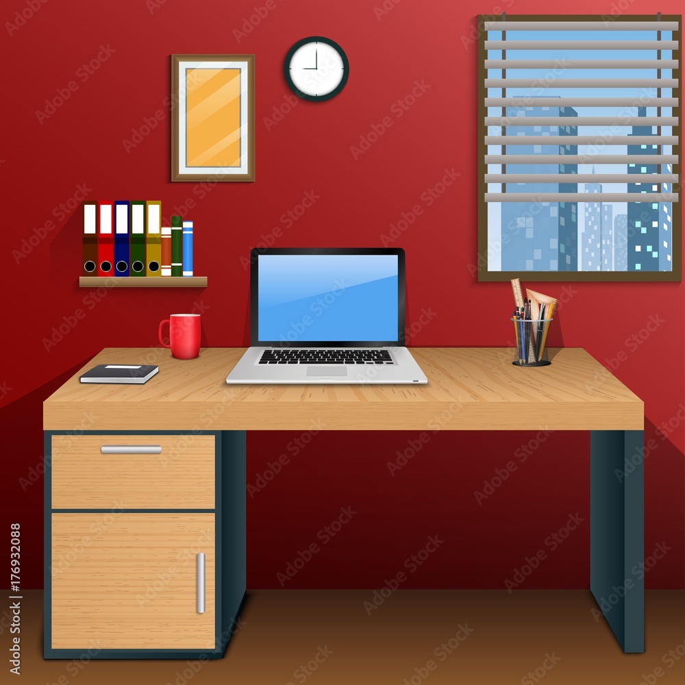 Workplace in room with view city at window Workplace in room with view city at window