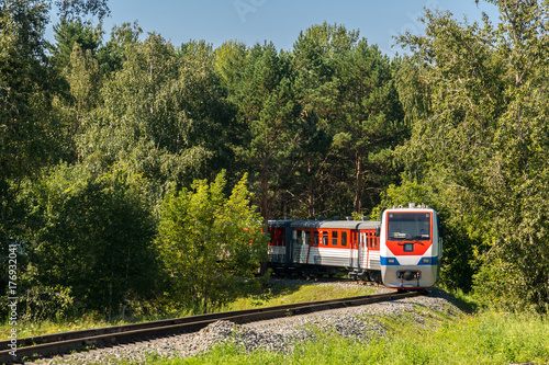 The train travels along the Children's Railway on the Konny island in the Irkutsk city