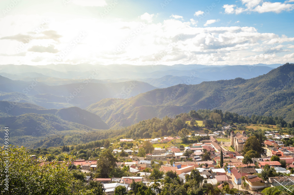 The panoramic landscape of Capulalpam de Mendez village in the highlands of Oaxaca, Mexico. It is one of the “Pueblos Magicos” towns