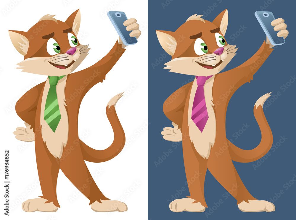 Funny cartoon cat in a tie making selfie. Cartoon styled vector  illustration. No transparent objects. Elements is grouped. On dark  background and isolated on white. Stock Vector | Adobe Stock