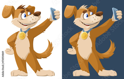 2018 year of the dog. Funny cartoon dog with a medal making selfie. Cartoon styled vector illustration. Elements is grouped. No transparent objects. On dark background and isolated on white.