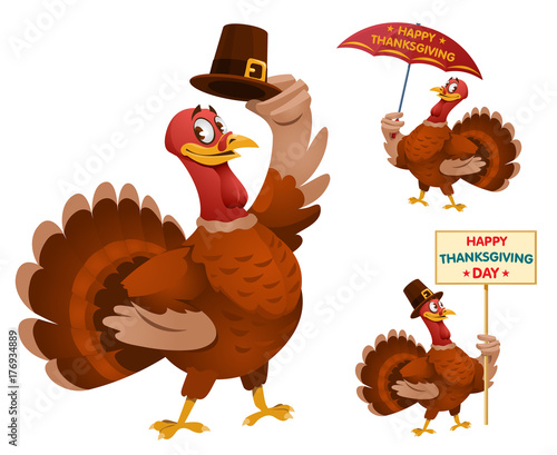 Happy Thanksgiving Day with funny cartoon turkeys. Cartoon styled vector illustration. Elements is grouped. No transparent objects. Isolated on white.