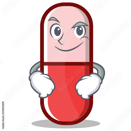 Smirking pill capsule cartoon character