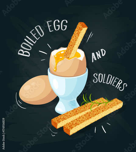 Breakfast poster. Toast soldiers with soft-boiled egg in eggshell in egg holder. Vector illustration cartoon flat icon on black chalkboard.