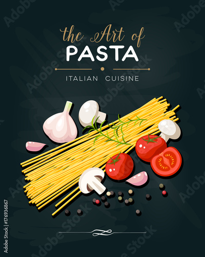 Italian cuisine banner. Pasta spaghetti, mushrooms, tomatoes, garlic, peppercorn. Vector illustration cartoon flat icon poster on black chalkboard.