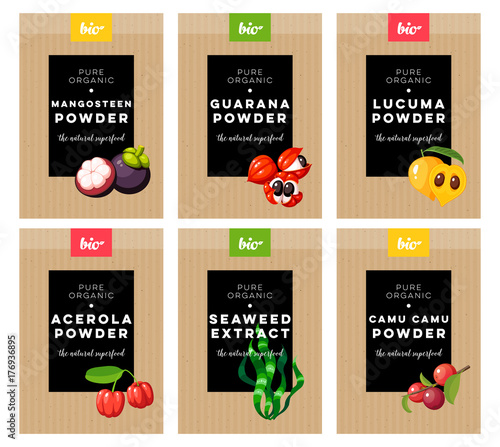 Packaging design. Concept label for natural superfood marketing . Mangosteen, guarana, lucuma, acerola, seaweed, camu camu. Vector flat template.