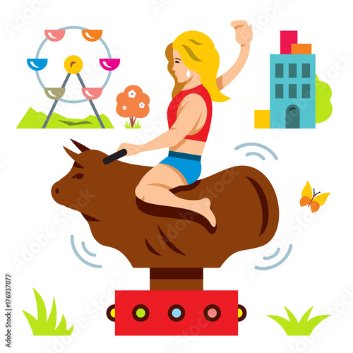 Vector Bull Ride. Rodeo simulator. Cartoon Illustration.