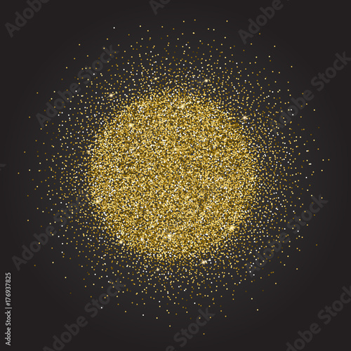 Gold glitter and bright sand  dark background.Golden sparkles  shiny texture . Excellent for your greeting cards  luxury invitation  advertising  certificate