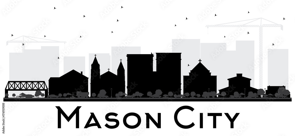 Mason City Iowa skyline black and white silhouette.