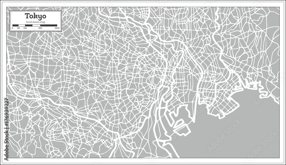 Naklejka premium Mapa Tokio w stylu retro. Ręcznie rysowane.