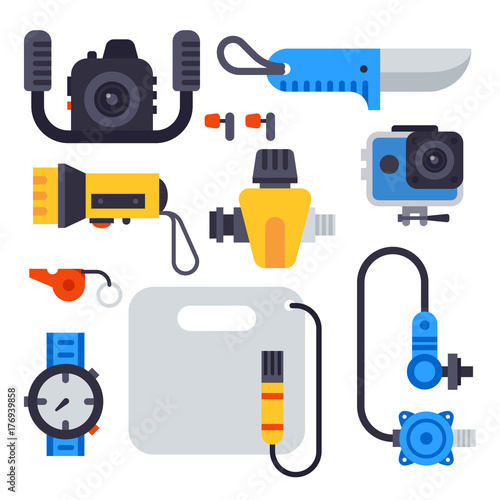 Set of flat elements for spearfishing diving underwater protective sea diver equipment vector professional hunter tools.