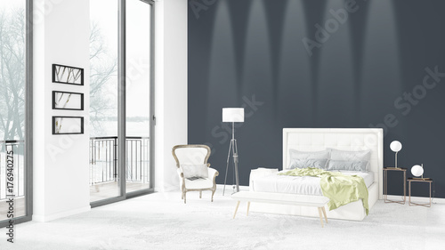 Brand new white loft bedroom minimal style interior design with copyspace wall and view out of window. 3D Rendering. © Roman King