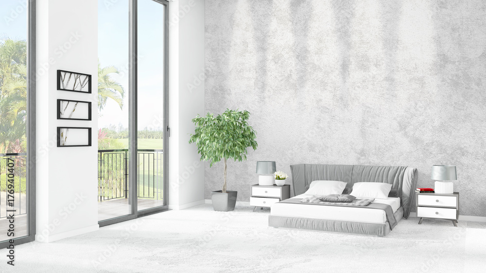 Brand new white loft bedroom minimal style interior design with copyspace wall and view out of window. 3D Rendering. Brand new white loft bedroom minimal style interior design with copyspace wall and view out of window. 3D Rendering.
