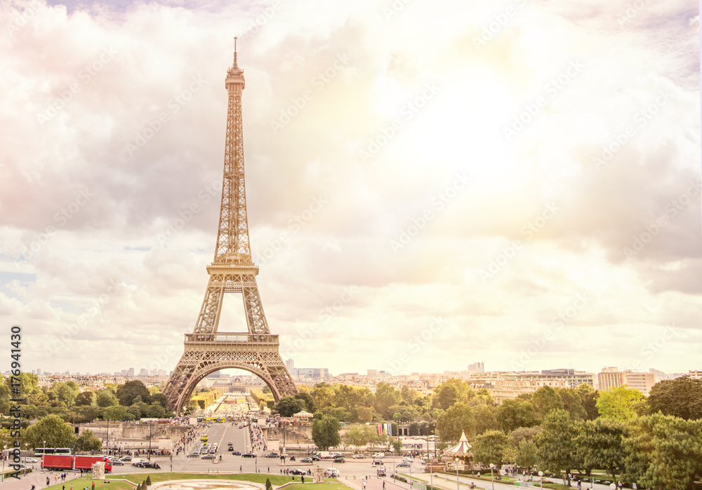 Naklejka premium Sunset Eiffel tower and Paris city view form Triumph Arc. Eiffel Tower from Champ de Mars, Paris, France. Beautiful Romantic background.