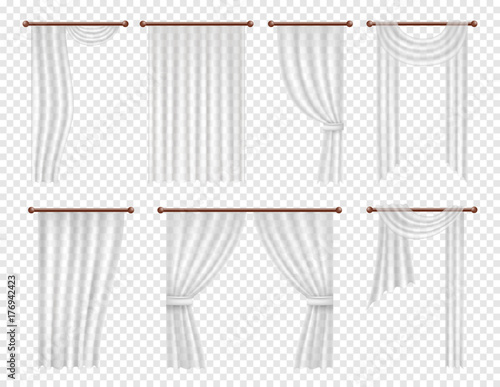 Vector realistic white window curtains and drapes set.
