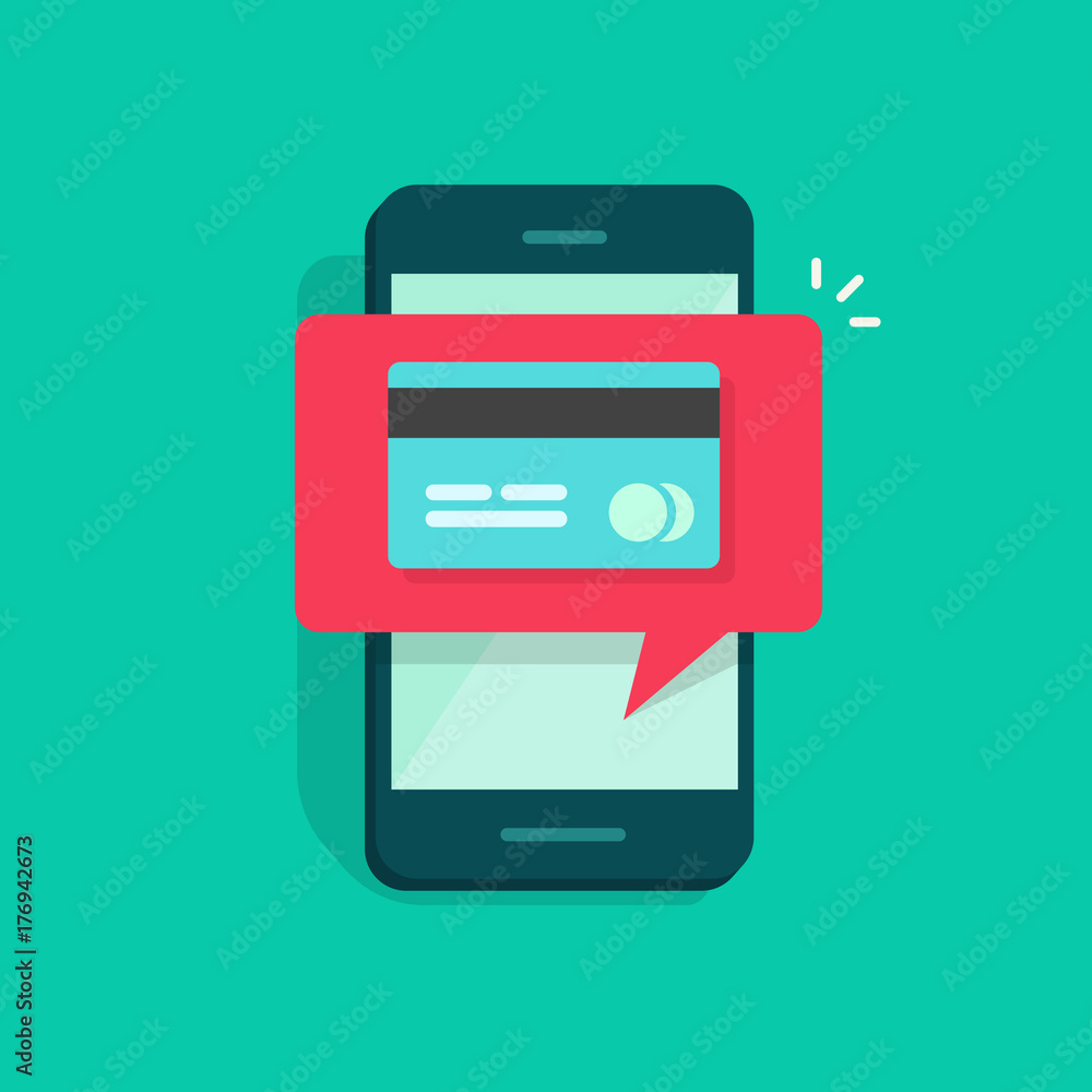 Mobile phone or smartphone with credit or debit card notification bubble on screen, flat cartoon of cellphone online payment, internet money concept, transaction, electronic cash transfer Mobile phone or smartphone with credit or debit card notification bubble on screen, flat cartoon of cellphone online payment, internet money concept, transaction, electronic cash transfer
