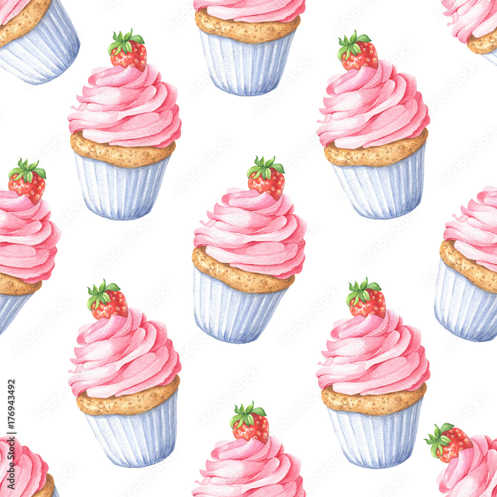 Hand drawn watercolor pink strawberry cupcake repeating pattern, colorful seamless background. Food dessert design. Hand drawn watercolor pink strawberry cupcake repeating pattern, colorful seamless background. Food dessert design.