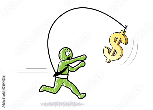 Ein Mann mit Krawatte rennt dem Geld hinterher | 3D-Dollarzeichen | Zeichnung, grün, schraffiert, Vektor, freigestellt