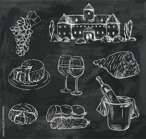 winemaking. set of vector sketches on black