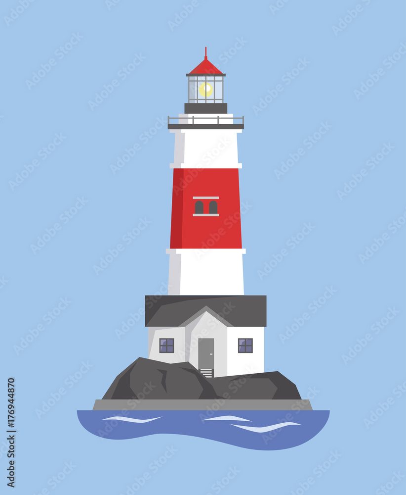 The image of the lighthouse on the mountain. Vector illustration.