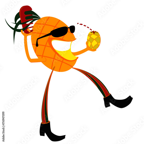 Cool pineapple cartoon character drinking from a pineapple and combing his hair