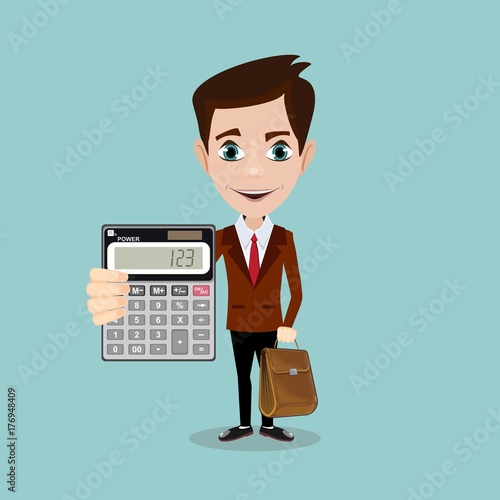 Cartoon businessman or accountant is showing an electronic desktop calculator with copy space on display. Use as business presentation, financial report or advertisement design