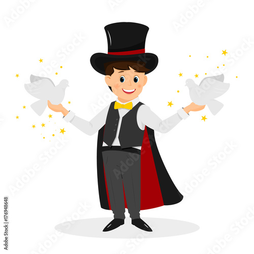 Magician with hat and white doves
