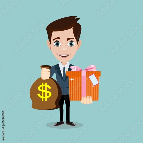 The young man hold a bag with dollars and gift,, vector illustration