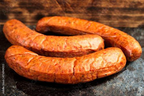 Three deliciously smoked handmade Swedish Isterband sausages with natural casing.
